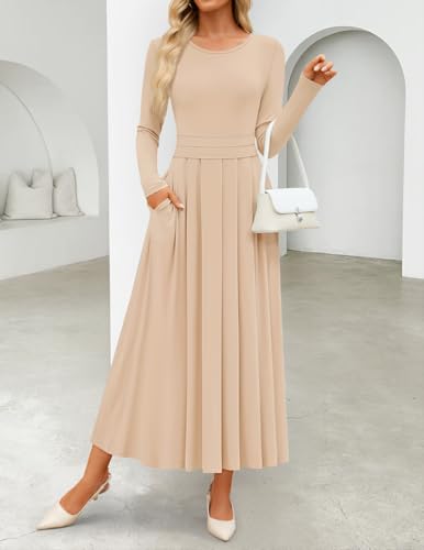 ZESICA Women's Elegant Long Sleeve Maxi Dress 2026 Fall Crewneck Knit High Wasit Pleated Flowy A Line Casual Party Dresses