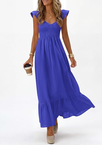 PRETTYGARDEN Women's 2026 Summer Casual Maxi Dresses Cap Sleeve V Neck Smocked Long Pockets Party Sundress Vacation Outfits