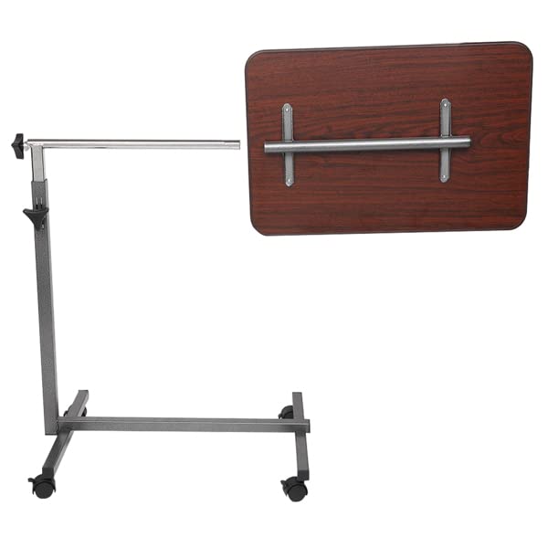 Overbed Table with Wheels | Flat Rolling Bed Side Tray Table for Medical or in-Home Use | Height Adjustable Hospital Table with Locking Casters (Wood Grain)