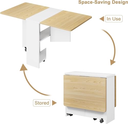 GarveeHome Folding Dining Table, Space Saving Farmhouse Dining Table for 4 Storage Shelf, 6 Wheels Multipose Expandable Ki...