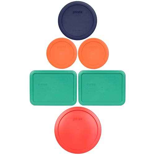 Pyrex (1) 7402-PC 6/7-Cup Red, (2) 7210-PC 3-Cup Light Green, (1) 7201-PC 4-Cup Blue, and (2) 7200-PC 2-Cup Orange Food Storage Lids - Made in USA