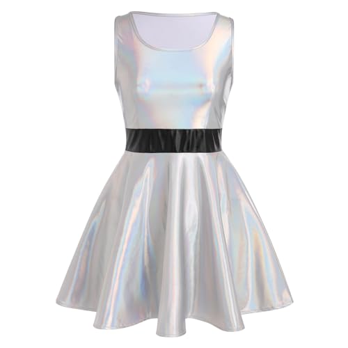 IBAKOM Women Shiny Metallic Skater Dress Disco Dance 80s Holographic Dress Hallowen Cosplay Outfits Wet Look Pleated Dress