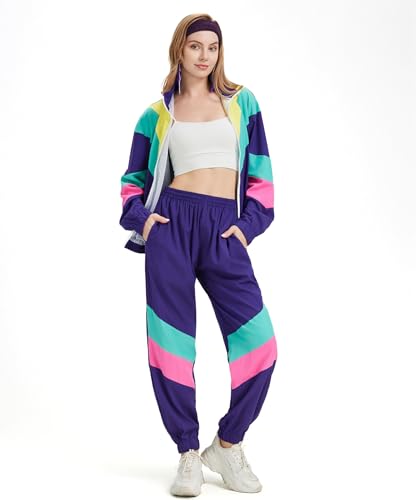 Coseaon 80s Tracksuit for Women Retro Windbreaker Outfit 90s Color Block Sportswear Set with Jacket Sweatpants