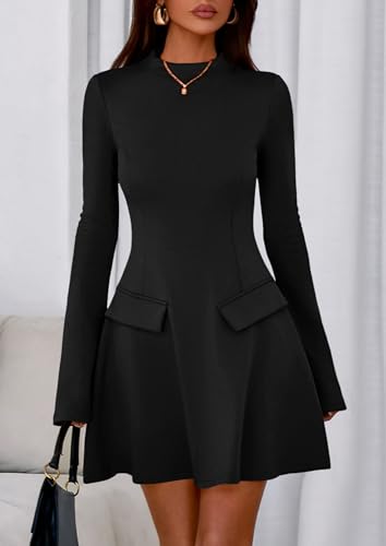 PRETTYGARDEN Women's Elegant Holiday Short Dress 2026 Fall Bell Long Sleeve Mock Neck Work Business Casual Party Mini Dress