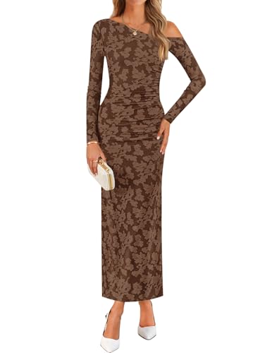 ZESICA Women's Fall Floral Off Shoulder Bodycon Maxi Dresses 2026 Long Sleeve Ruched Elegant Cocktail Party Dress