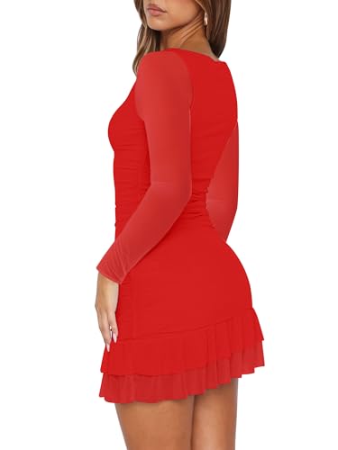 HOCILLE Women's Sexy Bodycon Boat Neck Mini Dresses Mesh Long Sleeve Ruched Ruffle Hem Club Party Short Dress