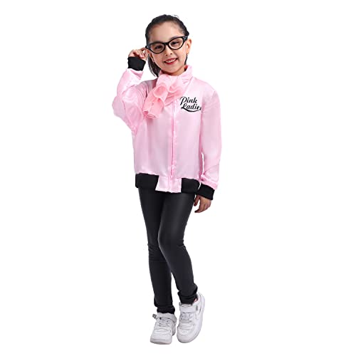 Leadtex 1950s Girls Party Pink Ladies Jacket Grease Costume with Chiffon Pink Neck Scarfs and Black Cat Eye Glasses
