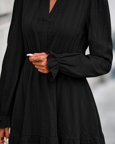 BTFBM Mini Dresses for Women 2025 Casual Lightweight Long Sleeve V Neck A Line Elastic Waist Party Holiday Dress