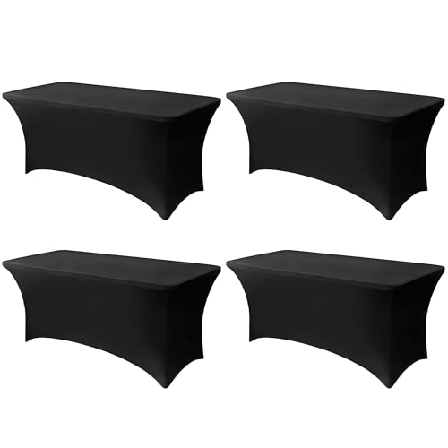 Lemict 6FT Black Table Cloth - 4 Pack Fitted Stretch Rectangle Spandex Tablecloth, Washable Table Cover for Party, Picnic,...