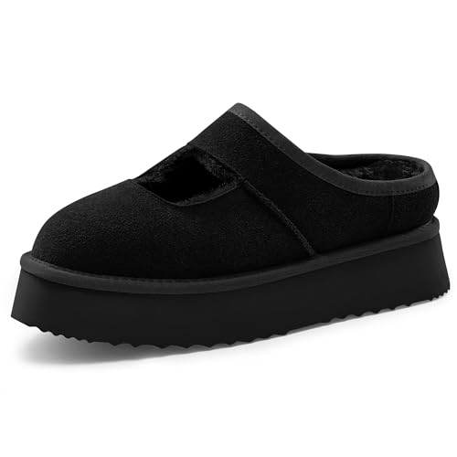 Vilanva Platform Slippers for Women Cozy Fur Lined Slip on Mary Jane Winter Shoes Warm Comfy House Slippers for Indoor Out...