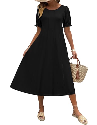 Zeagoo Womens Summer Dress Casual Midi Dresses 2026 Short Puff Sleeve Flare Dress Pleated Flowy Sundress with Pockets