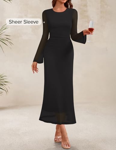 ZESICA Women's Long Sleeve Floral Bodycon Dress 2026 Spring Fall Ruched Mesh Wedding Guest Cocktail Party Maxi Dresses