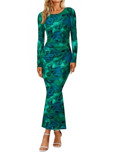 Trendy Queen Women's Floral Print Bodycon Ruched Dress Fall Long Sleeve Maxi Wedding Guest Dresses with Side Slit
