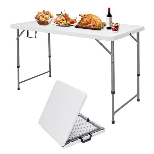 CHRONELLE 4FT Folding Table Adjustable Height, Folding Card Table 4 Foot Portable, Plastic Rectangular Camping Tables for ...