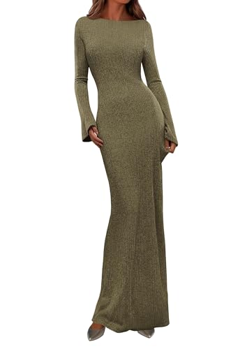 PRETTYGARDEN Women's Fall Fashion 2026 Long Sleeve Maxi Dress Ribbed Knit Boat Neck Bodycon Casual Dresses Going Out Outfits