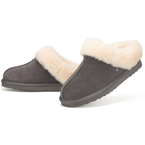 Parfeying Women‘s Real Wool Slippers in Genuine Leather with Anti-Slip Rubber Sole, Warm Indoor Outdoor Shoes with Memory ...