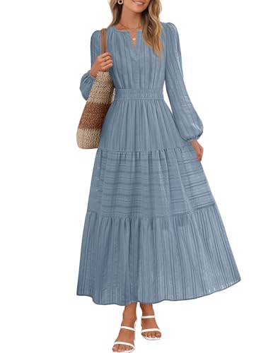 MEROKEETY Winter Midi Dresses for Women 2026 Spring Long Sleeve Casual V Neck Tiered Cotton Maxi Dress Pockets