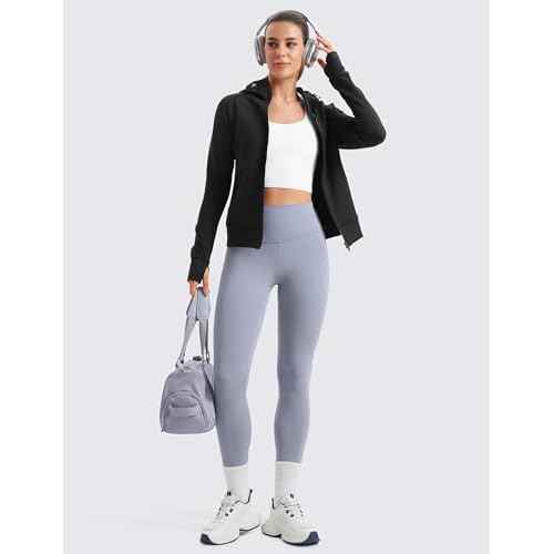 CRZ YOGA Womens Fleece Full Zip Hoodie Jackets Workout Hooded Zipper Basic Casual Sweatshirts with Thumb Holes