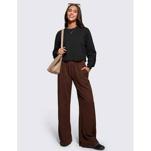 CRZ YOGA Womens Fleece Cropped Sweatshirts Crewneck Long Sleeve Double Raw Hem Workout Casual Pullover Tops