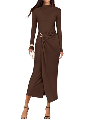 ZESICA Women's 2026 Spring Long Sleeve Bodycon Dress Mock Neck Wedding Guest Cocktail Party Long Midi Dresses