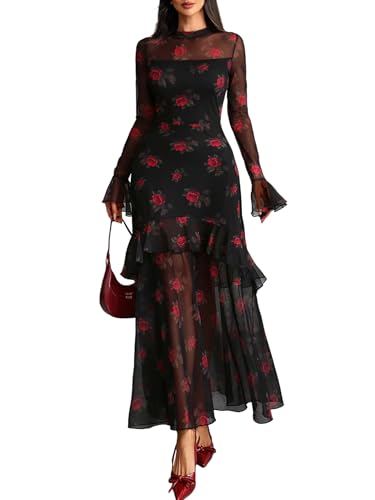 GothDark Womens Floral Maxi Dress Sheer Mesh Bell Sleeve Tiered Ruffle Gothic Romantic Casual Long Dresses