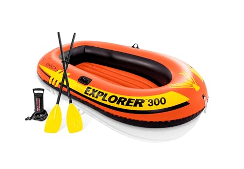 INTEX Explorer Inflatable Boat Series: Dual Air Chambers – Welded Oar Locks – Grab Handles – Bow Rope – Sporty Design