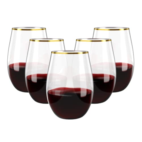 FOCUSLINE 20pcs 16 Oz Plastic Wine Glasses, Stemless Gold Rim, Heavy Duty Disposable Drinking Cups, Reusable Shatterproof ...