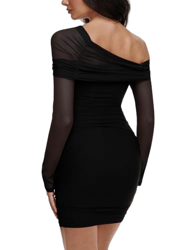 REORIA Women's Sexy Off Shoulder Long Sleeve Ruched Bodycon Mini Dress Mesh Sheer Cocktail Club Party Fall Dresses 2025
