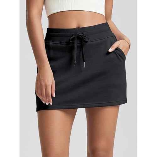 ODODOS Women's Cotton French Terry Skorts Drawstring Tie Built-in Shorts Daily Skirts with Pockets