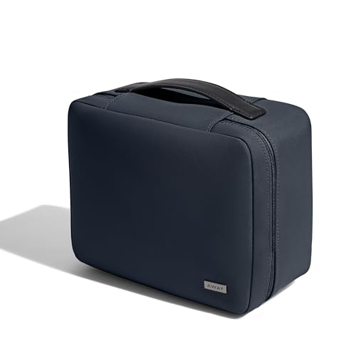 Away Cosmetics Bag, Makeup Bag with Detachable Brush Roll, Waterproof, Clear Zip Pockets, Travel Friendly, Navy Blue