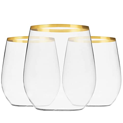 Munfix Plastic Stemless Wine Glasses with Gold Rim, Disposable Clear Plastic Cups 12 Oz - 24 Pack - Shatterproof Recyclabl...
