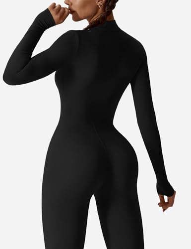 YEOREO Women Long Sleeve Workout Jumpsuit Zip Up Romper Bottom Pants Bodysuit Bodycon Sexy One Piece