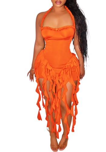 Vakkest Women Summer Halter Neck Dress Sexy Asymmetrical Ruffle Fringe Bodycon Party Birthday Short Mini Dresses