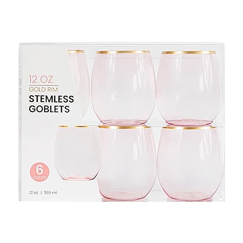 PLASTICPRO 6 Pack Pink With Gold Rim Plastic Wine Glasses Stemless Disposable 12 oz BPA Free Shatterproof Plastic Cups Win...