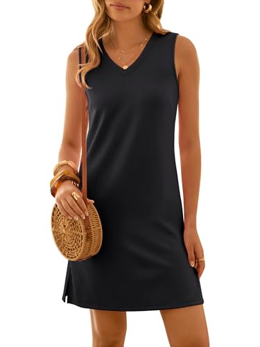 ANRABESS Womens Summer Casual Beach Mini Dress 2026 Sleeveless V Neck Loose Split Wrinkle-Free Travel Vacation Short Sundress