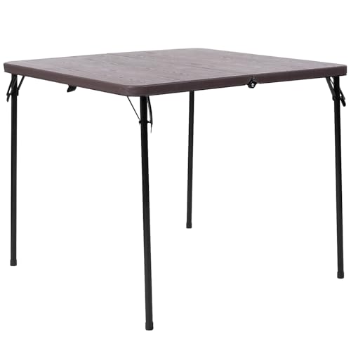 Flash Furniture Dunham 2.83-Foot Square Bi-Fold Brown Wood Grain Plastic Folding Table with Carrying Handle
