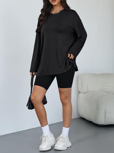 Trendy Queen Oversized Side Slit Tshirts for Women Long Sleeve Workout Tops Fall Fashion Gym Casual Tees Basic Y2K Clothes