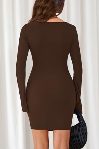 dowerme Women's Casual Mini Dress 2025 Bell Long Sleeve Boat Neck Tie Waist Bodycon Dresses Knitted Party Fall Outfits