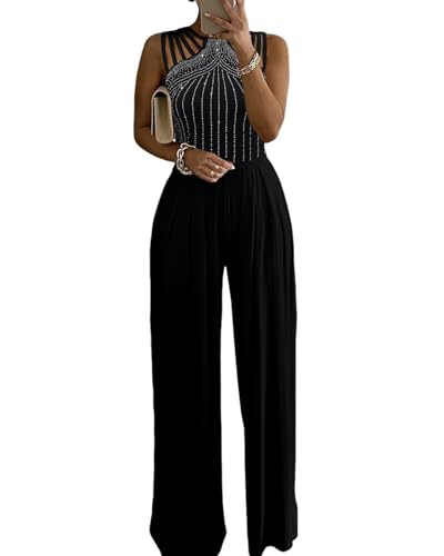 CHICME Women's One Piece Jumpsuit Rhinestone Cutout Ruched Wide Leg Jumpsuit Overall Long Pants