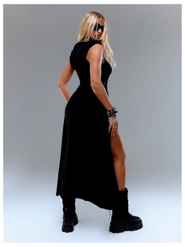 Verdusa Women's High Slit Hoodie Long Dress Rave Outifts Goth Dress Grunge Clothes