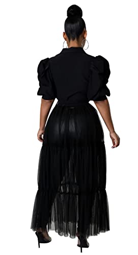 Ekaliy Women Sexy Short Sleeve Bodycon High Low Asymmetrical Ruffle Tunics Blouse Shirt Top Dress