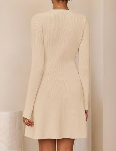 ZESICA Women's Fall Long Sleeve Sweater Dress 2026 Casual V Neck Button Ribbed Knit A Line Swing Mini Dresses