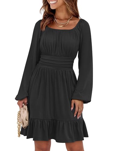 ANRABESS Womens Dress Long Lantern Sleeve Square Neck Elastic Waist Ruffle Flowy Swing A-Line Short Dresses 2025 Fall Fashion