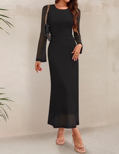 ZESICA Women's Long Sleeve Floral Bodycon Dress 2026 Spring Fall Ruched Mesh Wedding Guest Cocktail Party Maxi Dresses