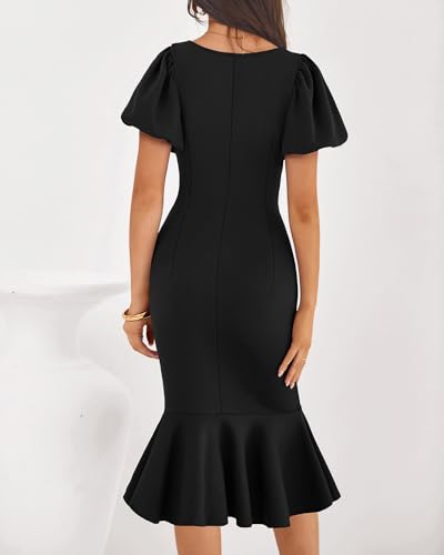 BTFBM Women Formal Wedding Guest Cocktail Dresses 2026 Short Sleeve Ruffle Mermaid Work Bodycon Elegant Midi Summer Dress