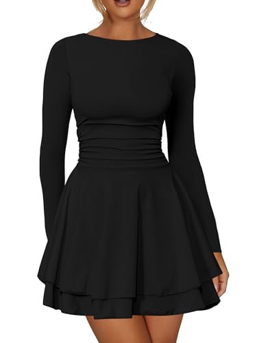 Kaximil Women's Crew Neck Long Sleeve Corset Mini Dress Ruffle Hem Short Party Club Dresses