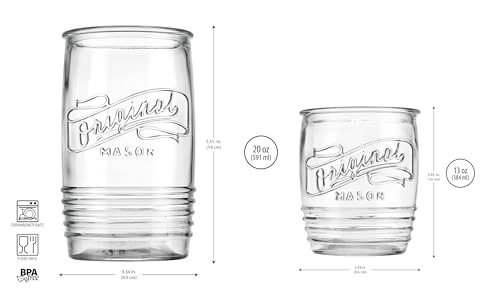 Glaver's Original Mason Set of 8 Drinking Glasses 4-20 Oz Highball Glasses, and 4-13 Oz Whiskey Glass Cups For Everyday Ho...