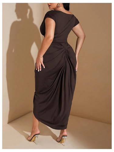 Floerns Women's Plus Size Asymmetrical Neck Long Dress Ruched Slit Hem Cocktail Dress