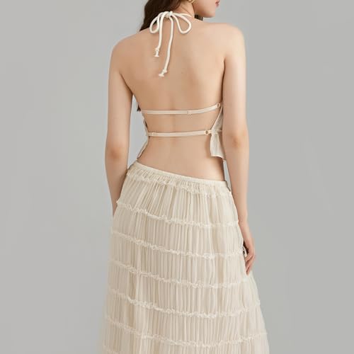 Argeousgor 2 Piece Maxi Skirt Set for Women Lace Up Back Tank Tops Tie Up High Waist Long Skirt Set