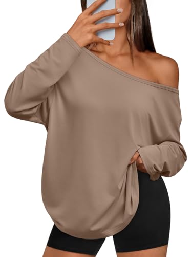 Trendy Queen Womens Off The Shoulder Tops Oversized Tshirts Long Sleeve 2026 Casual Basic Tees